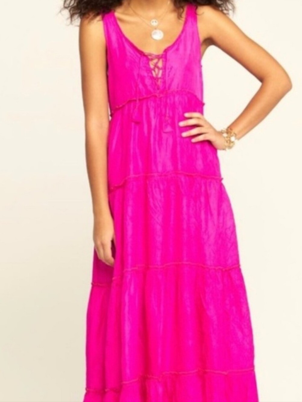 Calypso St. Barth Girls' Bright Neon Pink Tiered Maxi Dress. Size XS
